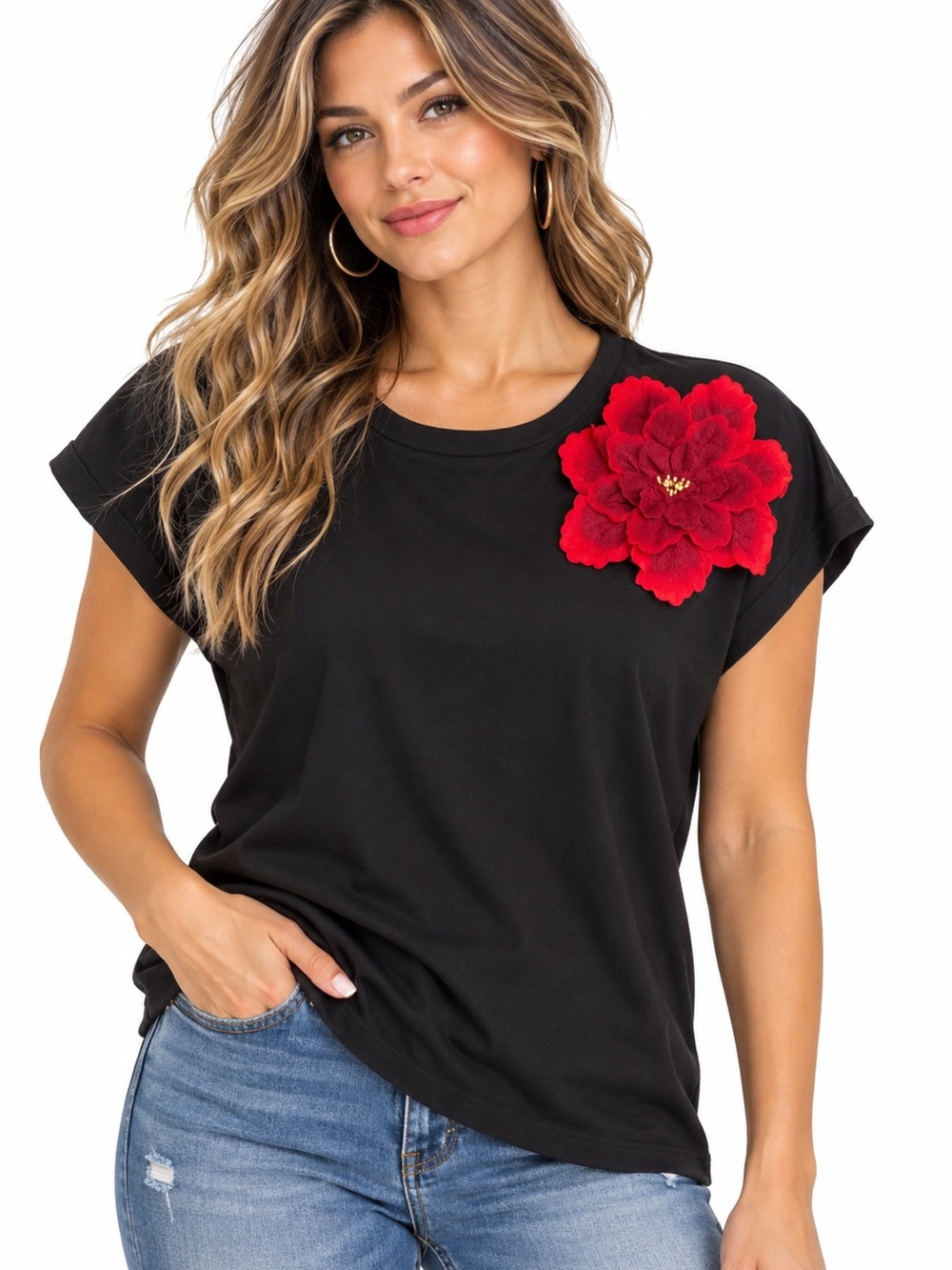 149.NEW  3D Flowers Black Short Sleeve Top